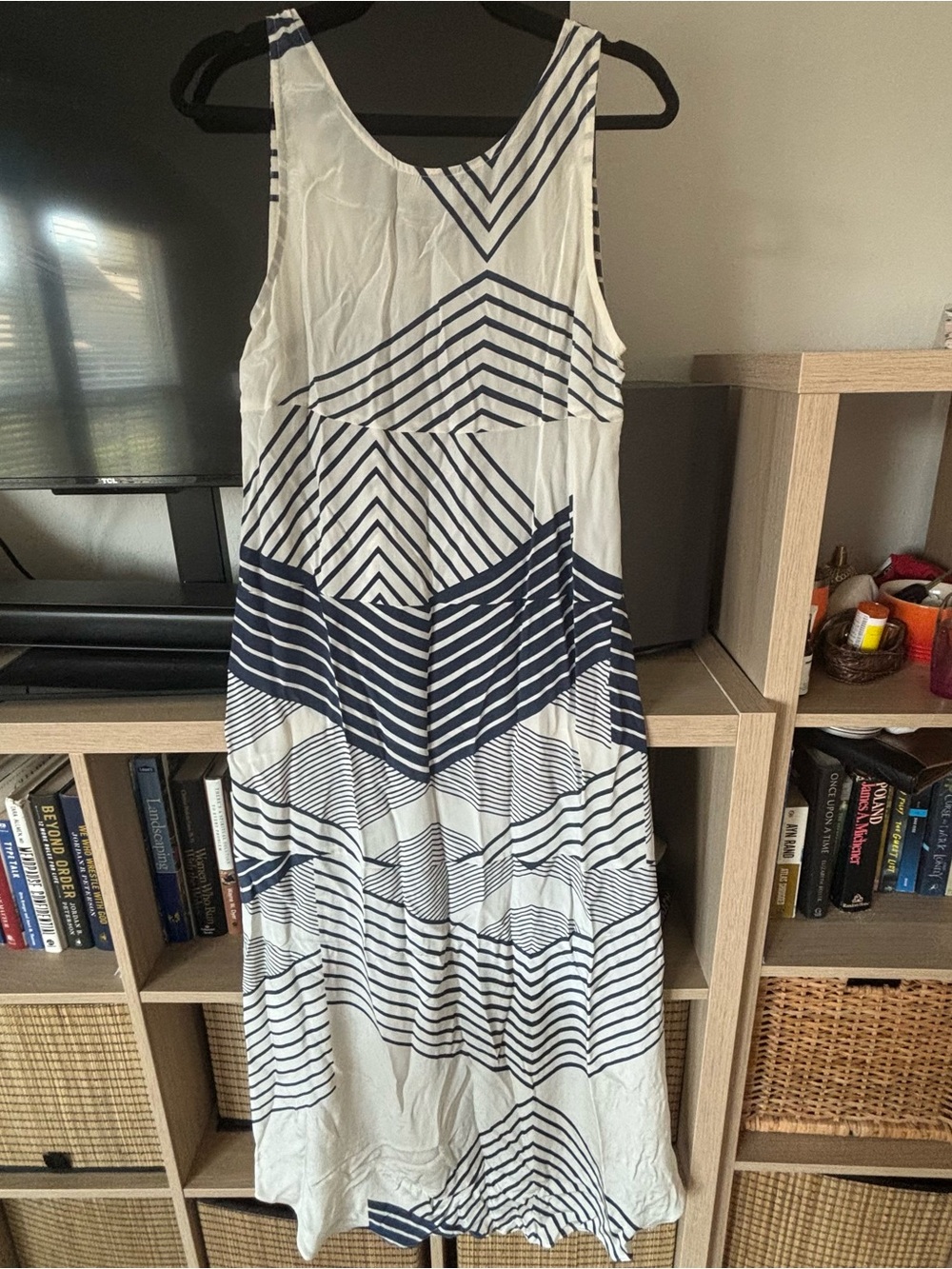 Myne Navy and White Geometric Stripe Maxi Dress